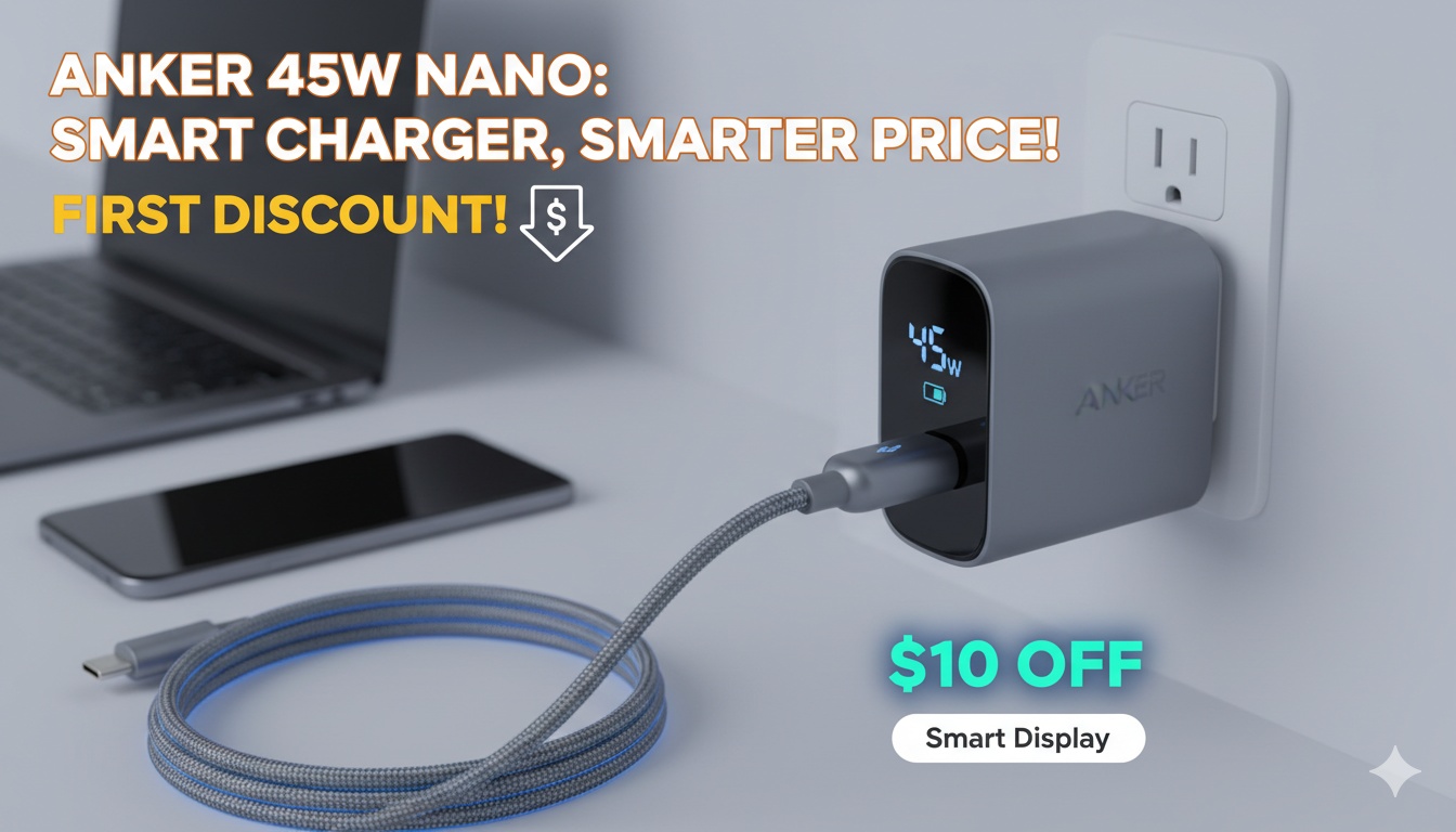 Compact Anker Nano 45W charger with smart display screen showing real-time charging stats and foldable plug
