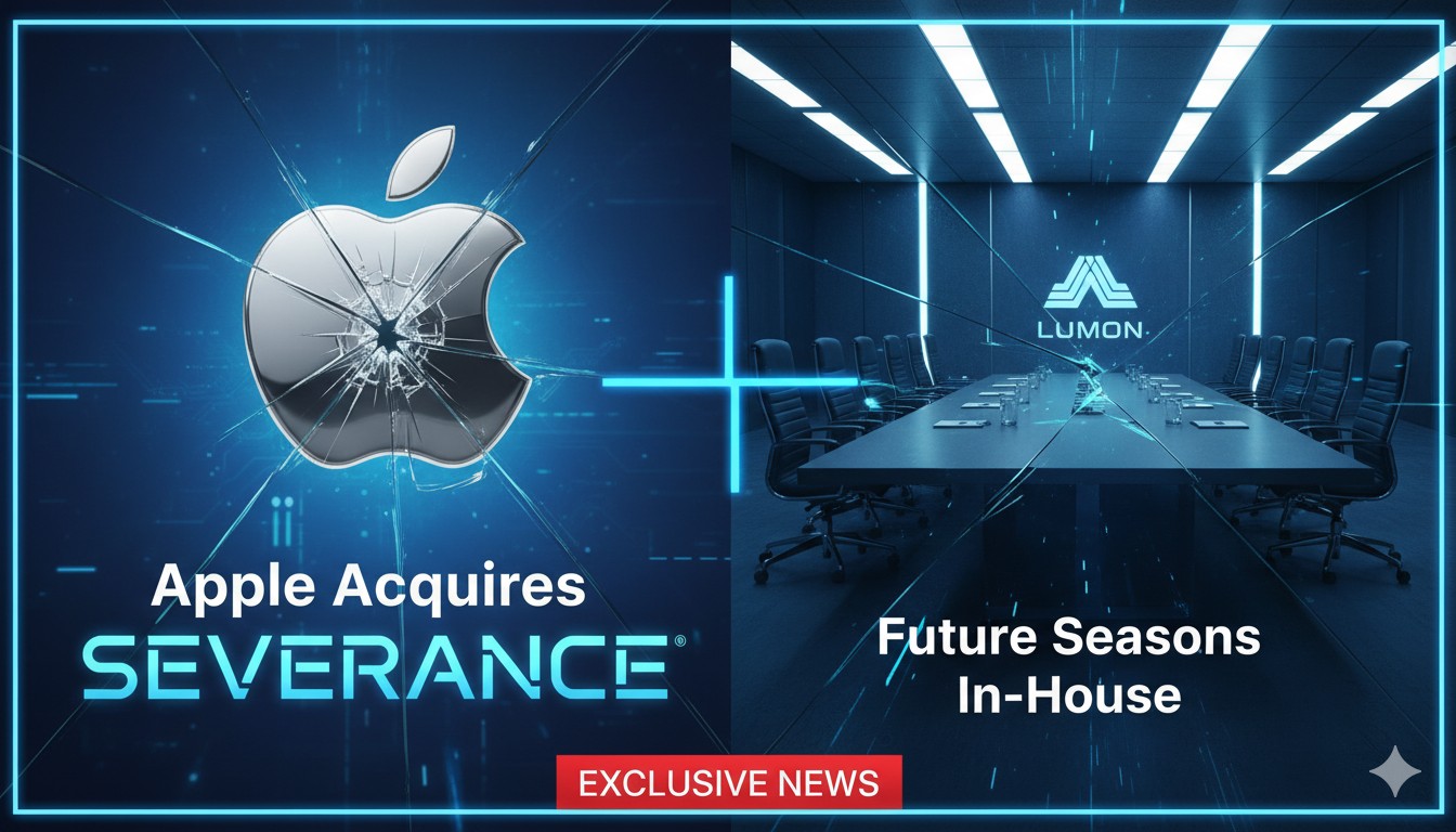 Apple logo overlaid on Severance TV series key art featuring Lumon Industries office setting and cast members in business attire with severed memory theme.