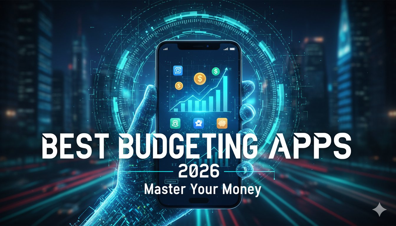 Selection of top budgeting apps icons on a smartphone screen with financial charts in 2026