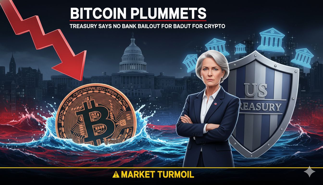 A downward-trending Bitcoin price chart overlayed on a U.S. Treasury building backdrop, symbolizing market decline after government statements.