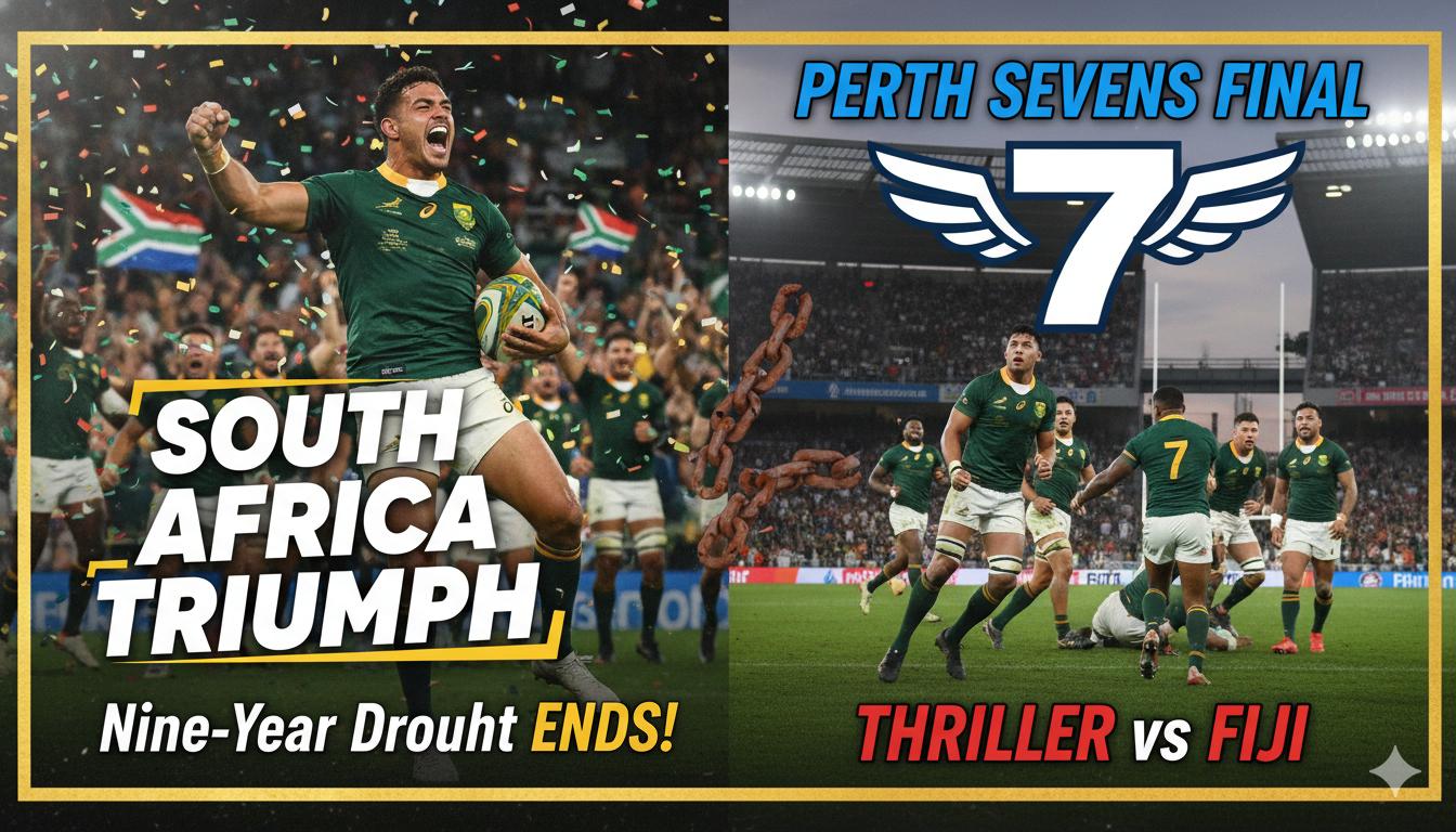 South African rugby sevens team celebrating their win against Fiji in Perth