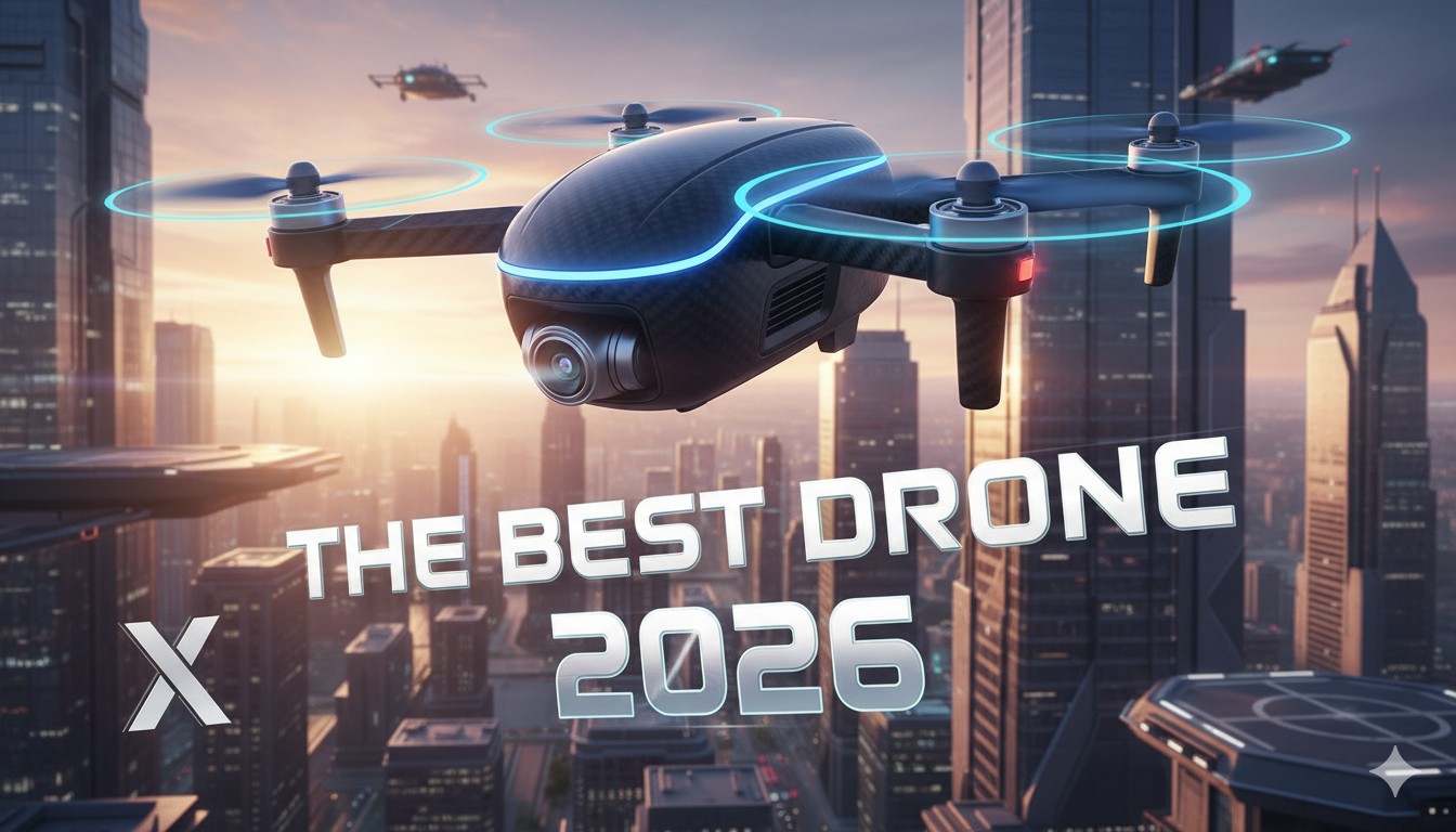 Sleek foldable DJI Mavic 4 Pro drone in flight capturing stunning aerial landscape with advanced cameras