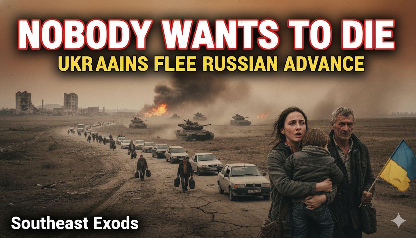 Ukrainian civilians, including an elderly woman, being assisted by police officers during evacuation from a frontline village in the Zaporizhzhia region as Russian forces advance