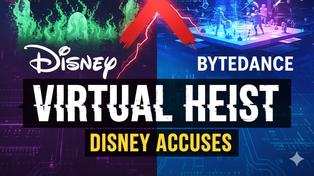 Disney logo alongside ByteDance and TikTok icons with AI-generated video elements and copyright symbols in the background, representing the intellectual property dispute over AI training.