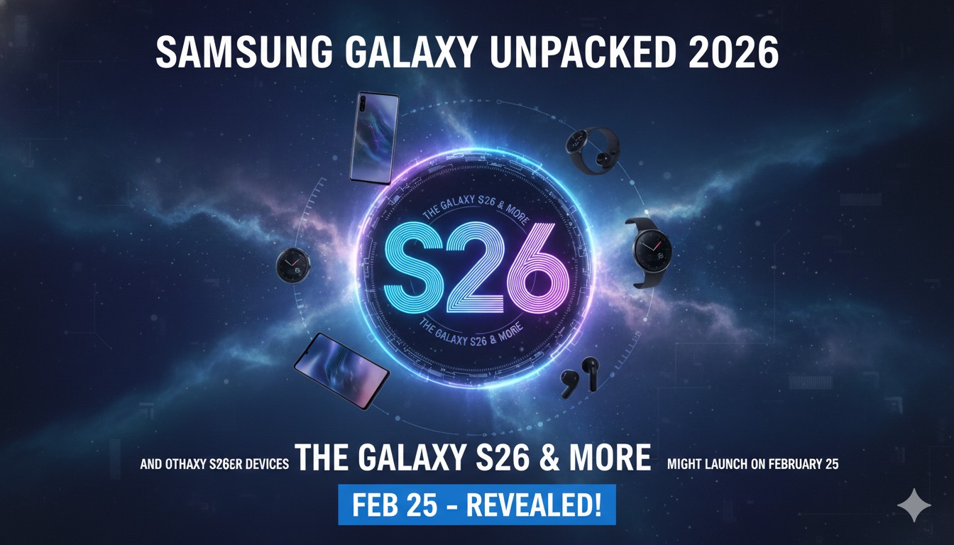 Samsung Galaxy S26 series lineup including S26, S26 Plus, and S26 Ultra on a sleek background highlighting AI features