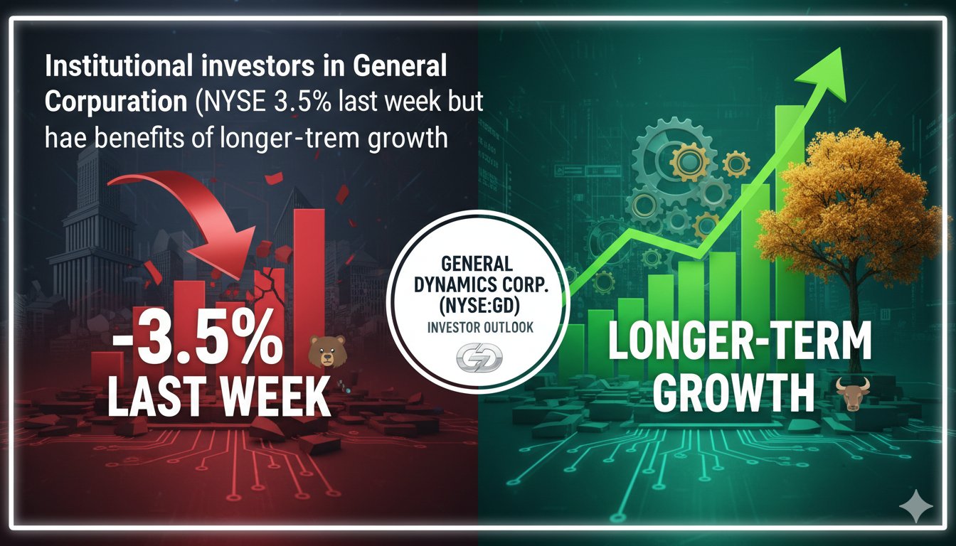 Chart showing General Dynamics (GD) stock price trend with institutional ownership highlights and recent weekly dip versus long-term upward trajectory.