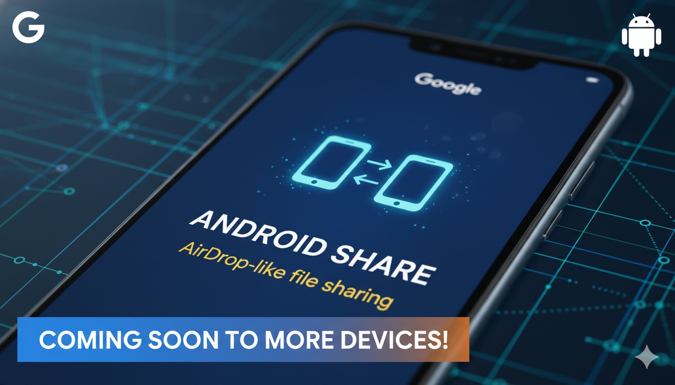 Android smartphone wirelessly sharing files with an iPhone against a modern tech background