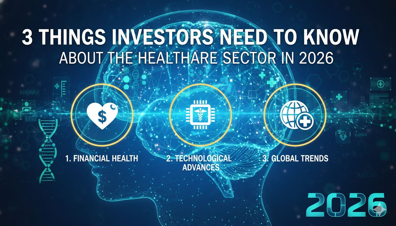 Illustration of financial graphs overlaid with medical icons representing key healthcare investment trends in 2026