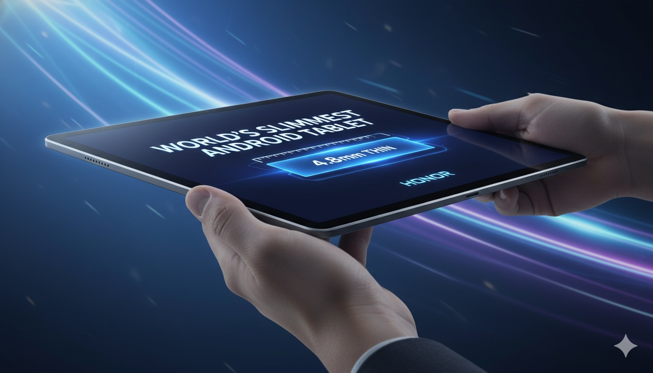 Honor MagicPad 4 ultra-thin Android tablet shown in profile view highlighting its 4.8mm slim design
