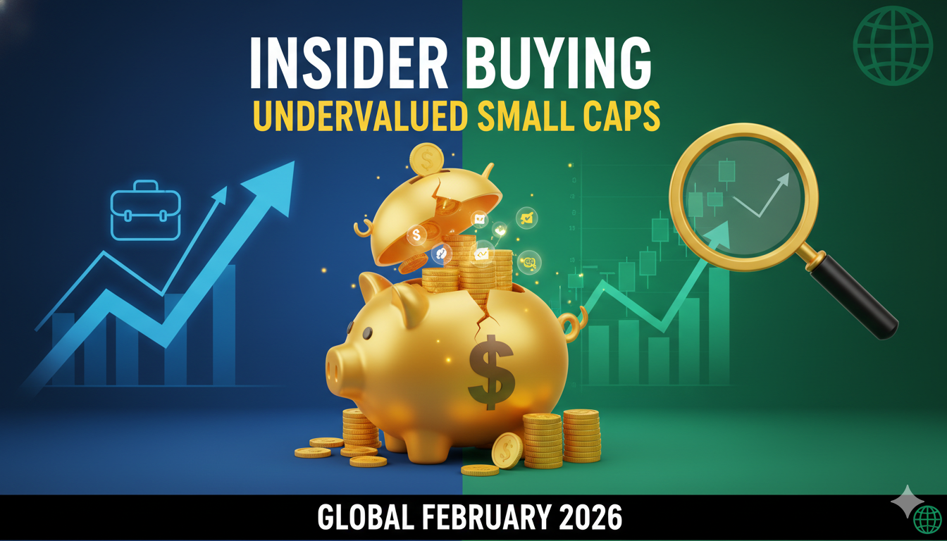 Stock chart showing upward trend with insider buying icons on undervalued small-cap companies in February 2026