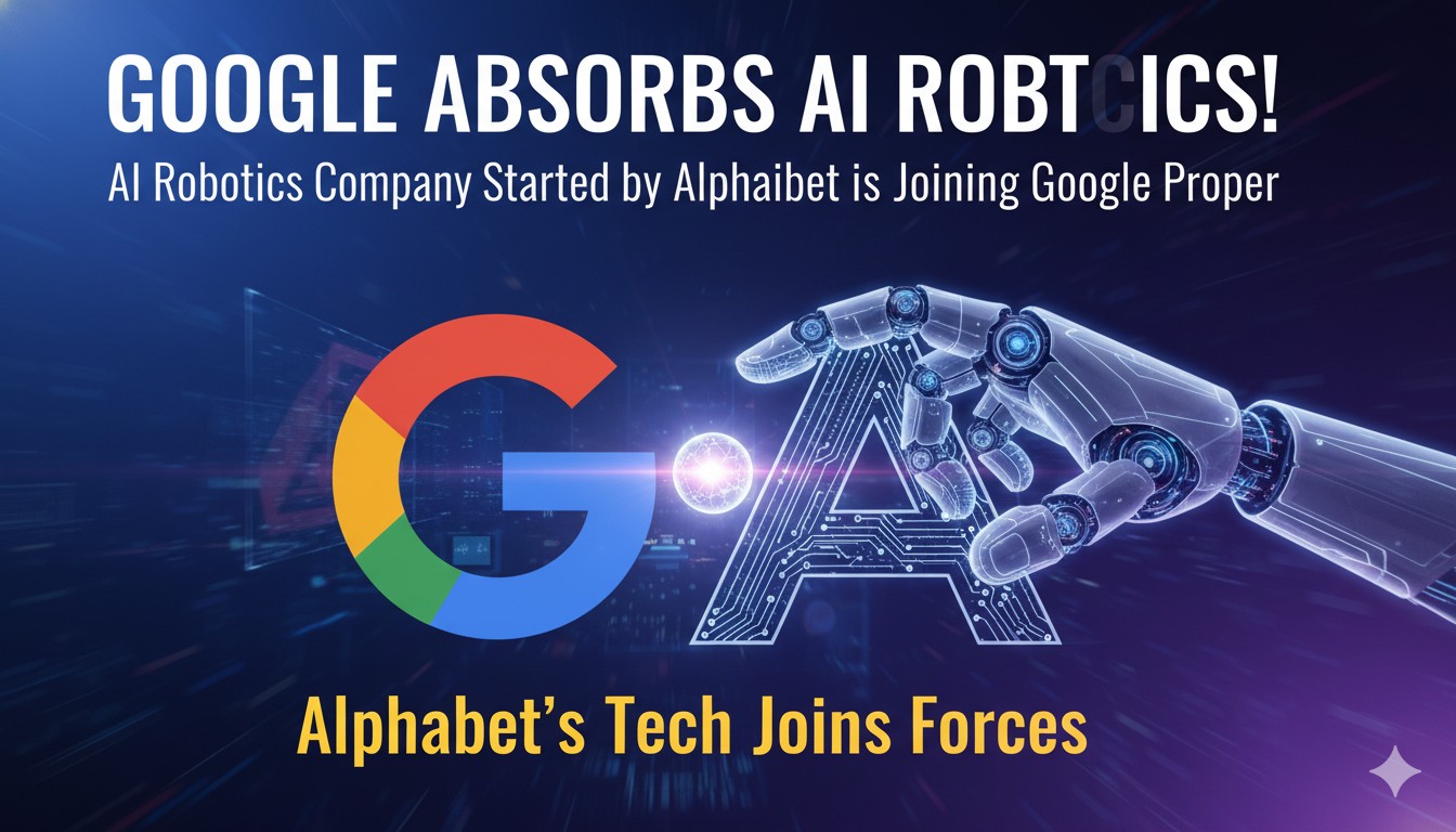 Google logo integrated with robotic arm and AI circuitry representing Intrinsic's move to Google for physical AI advancement