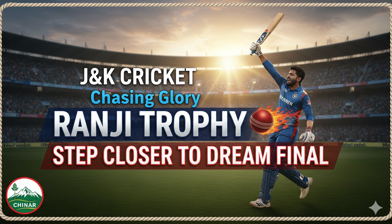 Jammu and Kashmir cricket team celebrating their semi-final victory over Bengal in the Ranji Trophy, players in white uniforms cheering on the field.