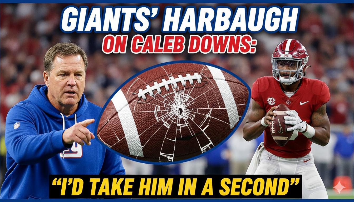 New York Giants head coach John Harbaugh speaking passionately about drafting Ohio State safety Caleb Downs