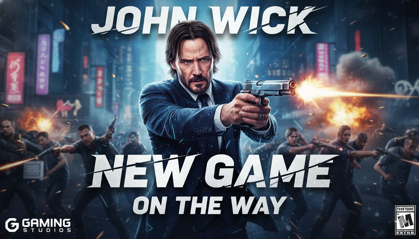 Dramatic cinematic shot of John Wick in a sleek black suit, dual-wielding pistols amid a hail of bullets in a lavish hotel lobby during an intense gunfight.