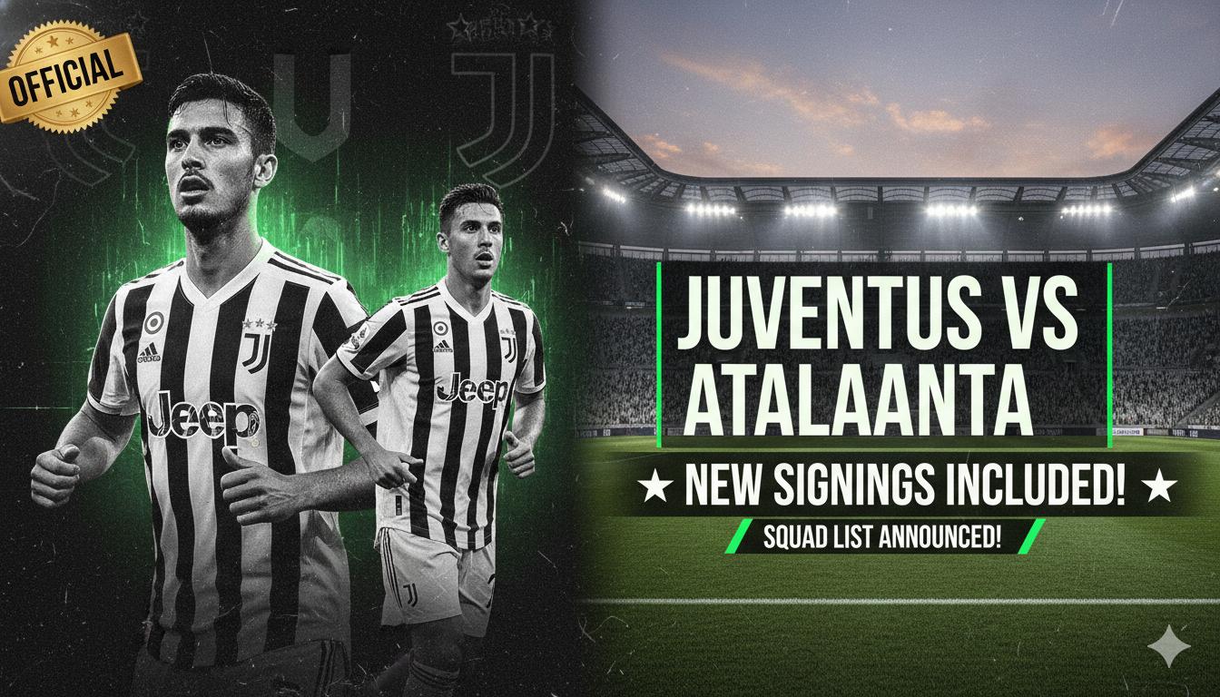 Juventus football team squad posing on the pitch with new signings highlighted.