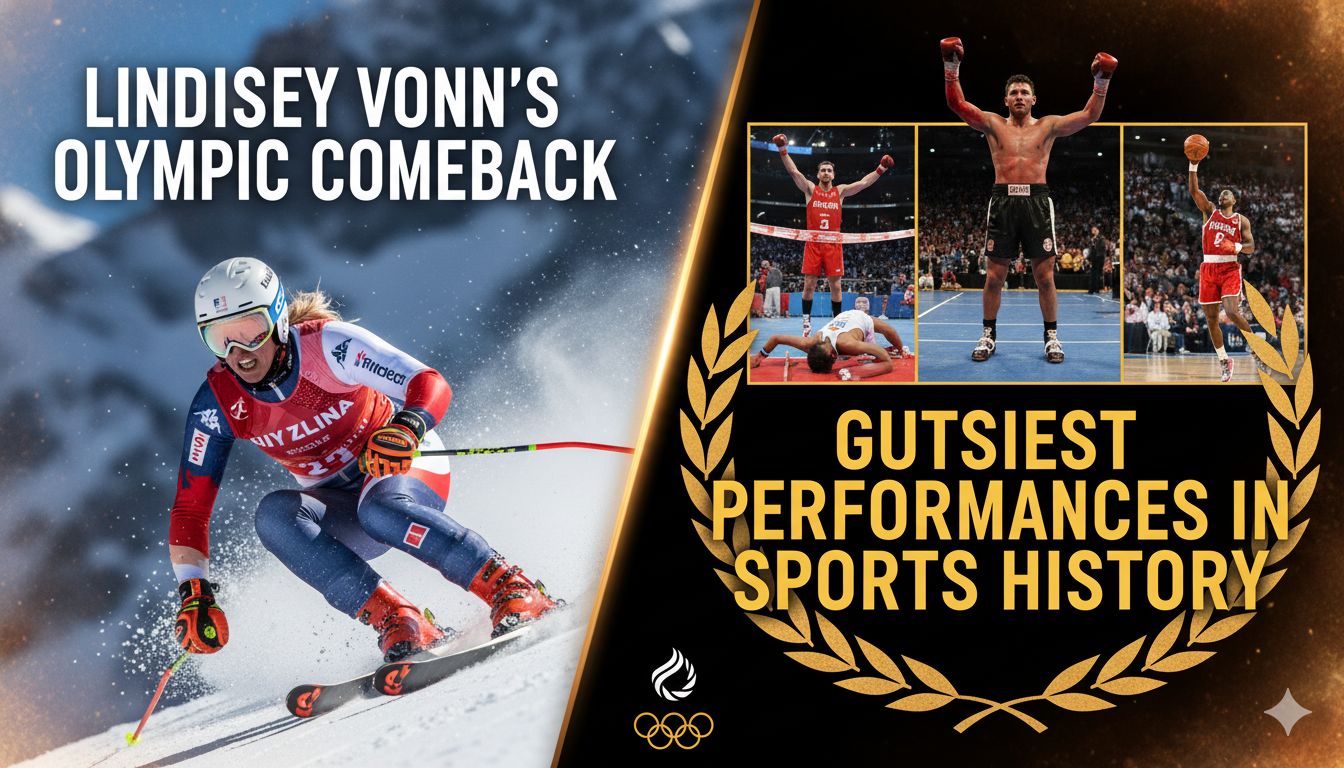 Lindsey Vonn racing downhill in Olympic gear with snowy mountains in background