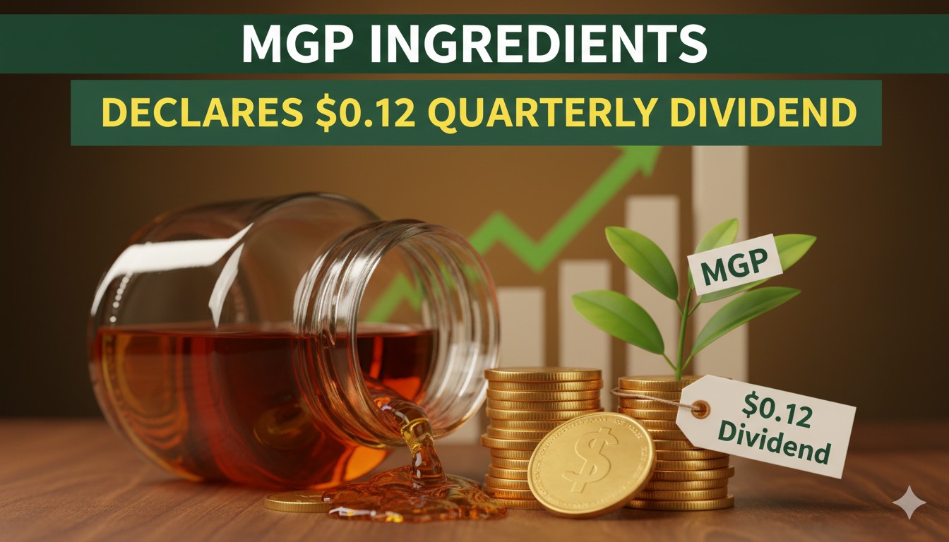 MGP Ingredients company logo and dividend announcement graphic with $0.12 quarterly payout details
