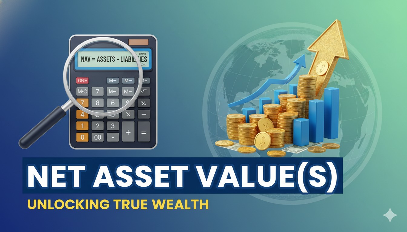 Illustration of Net Asset Value calculation formula for investment funds showing assets minus liabilities divided by shares