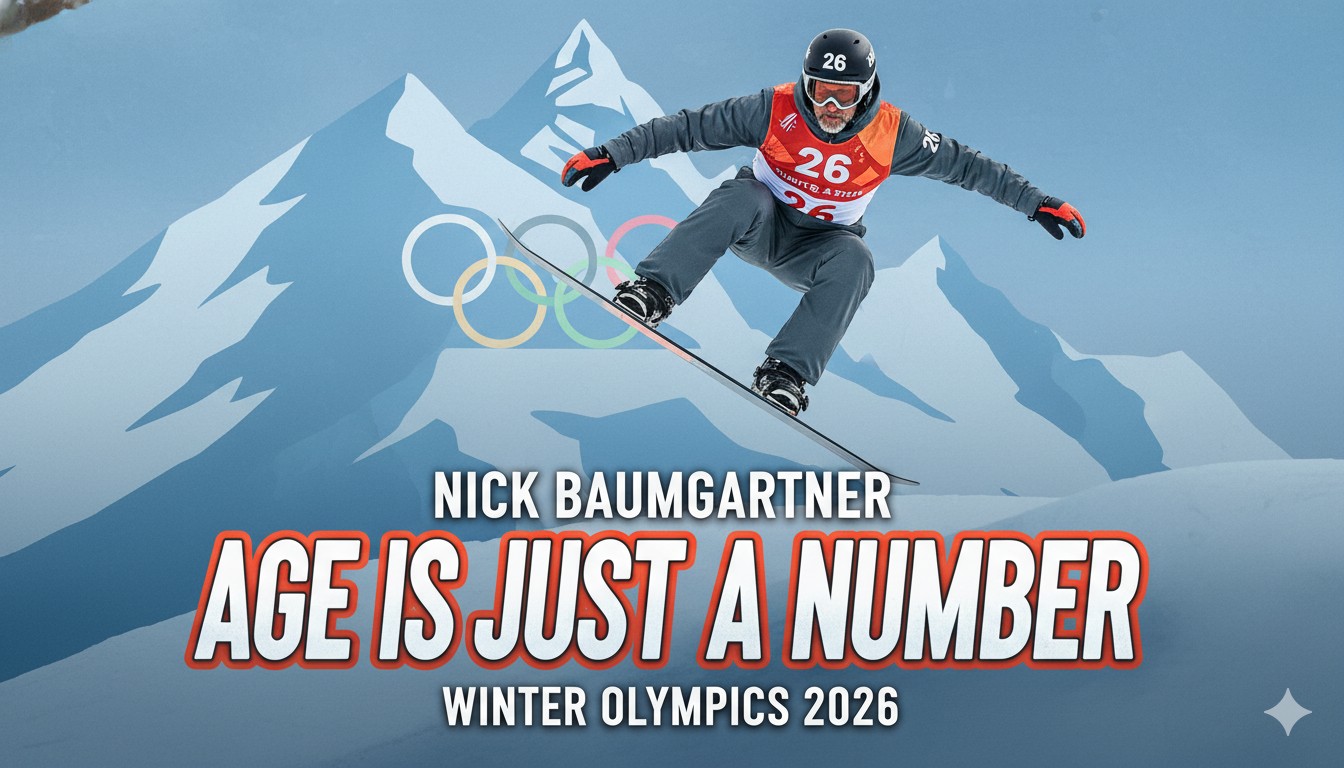 Nick Baumgartner, 44-year-old American snowboard cross athlete, racing down a snowy Olympic course during training for the 2026 Winter Olympics.