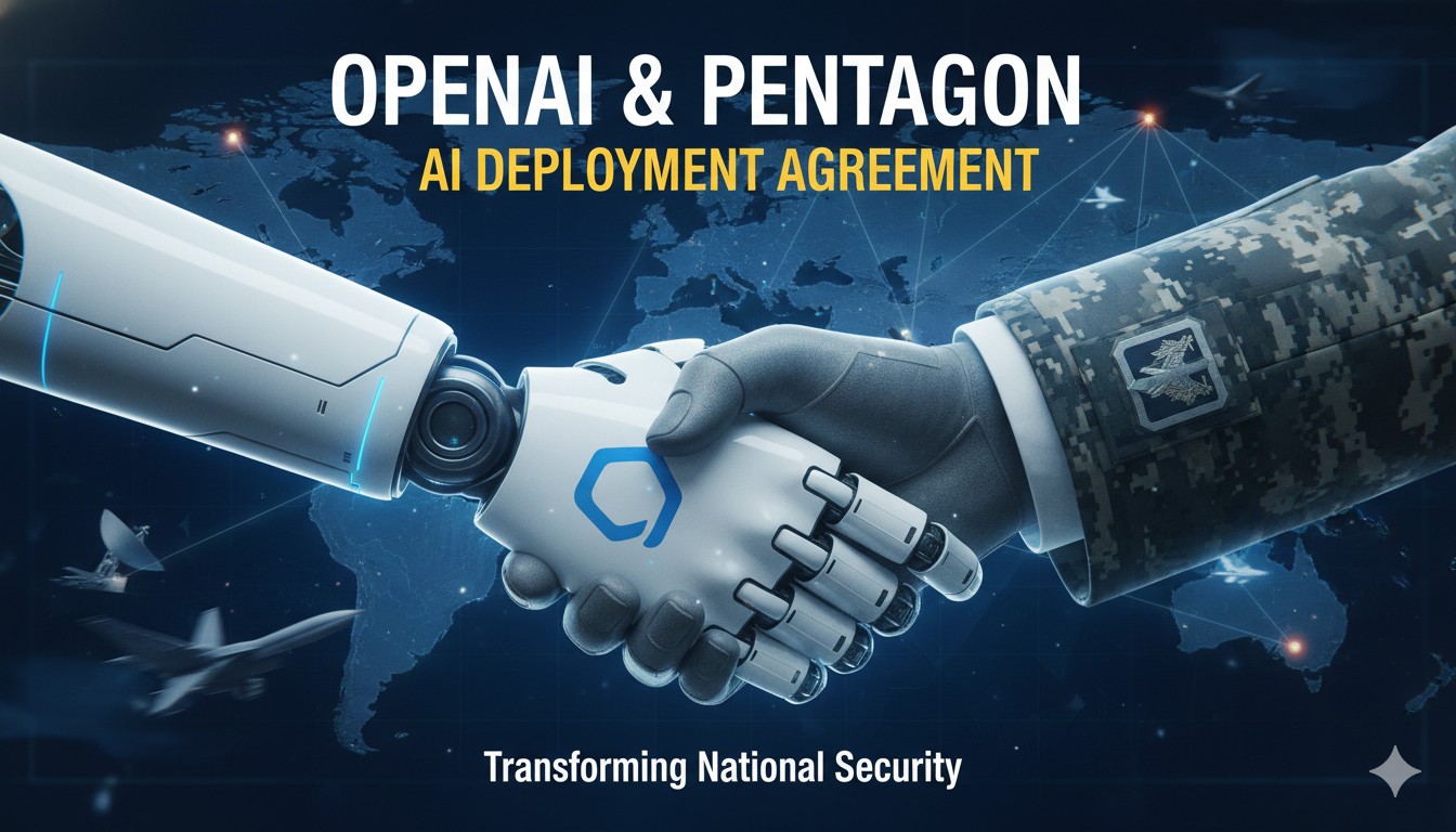 OpenAI logo overlaid on a secure military network interface with classified data visualization and AI processing elements