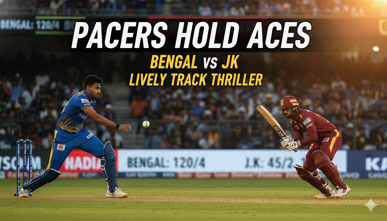 Pacers bowling on a lively green pitch during Bengal vs Jammu & Kashmir Ranji Trophy semifinal at Kalyani