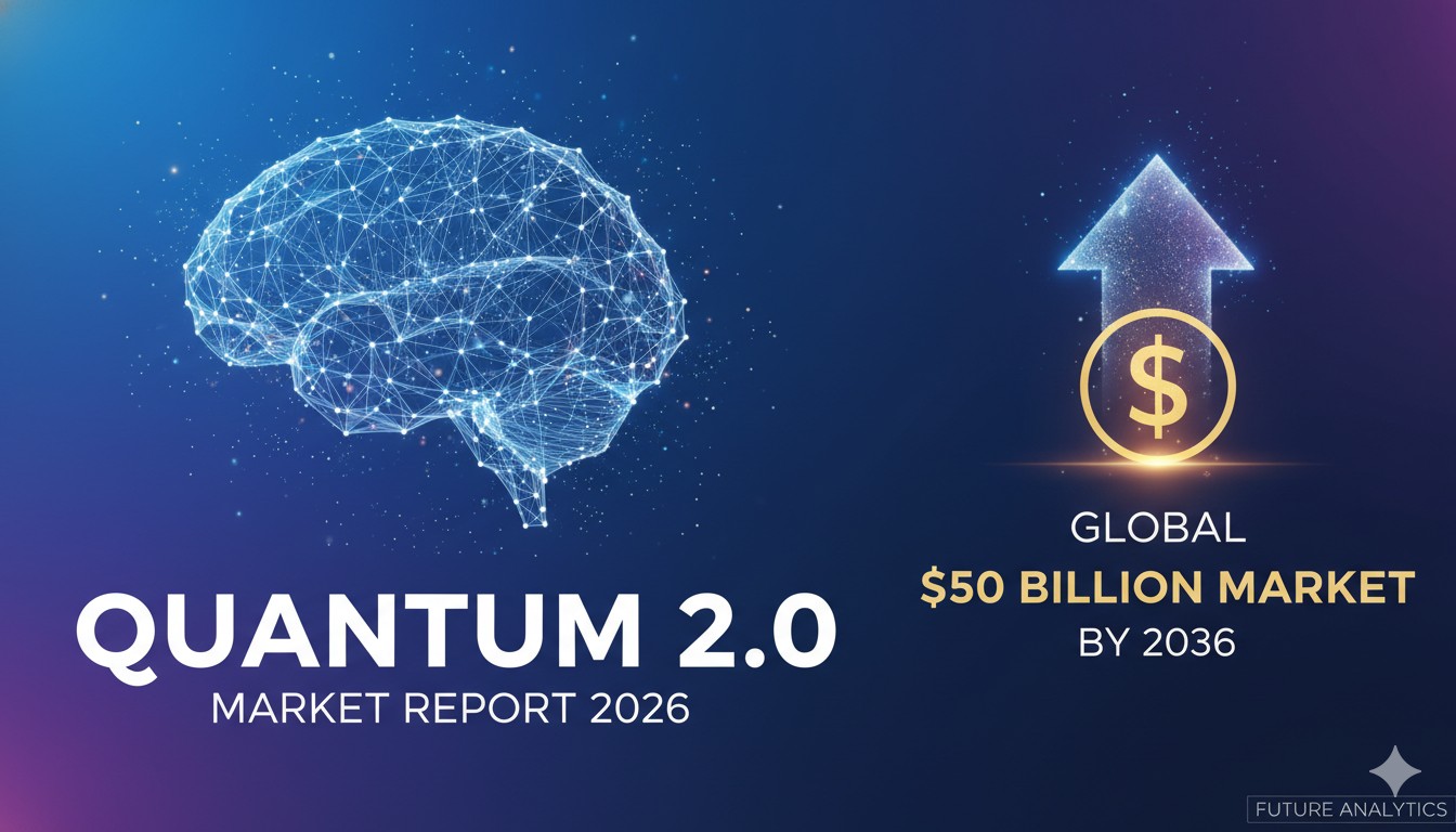 Futuristic quantum computer processor with glowing qubits and entanglement visualization representing the Quantum 2.0 market growth to $50 billion by 2036