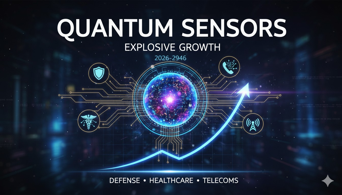 Futuristic quantum sensor chip with glowing atomic elements representing miniaturization and precision sensing technology for defense healthcare and telecom sectors
