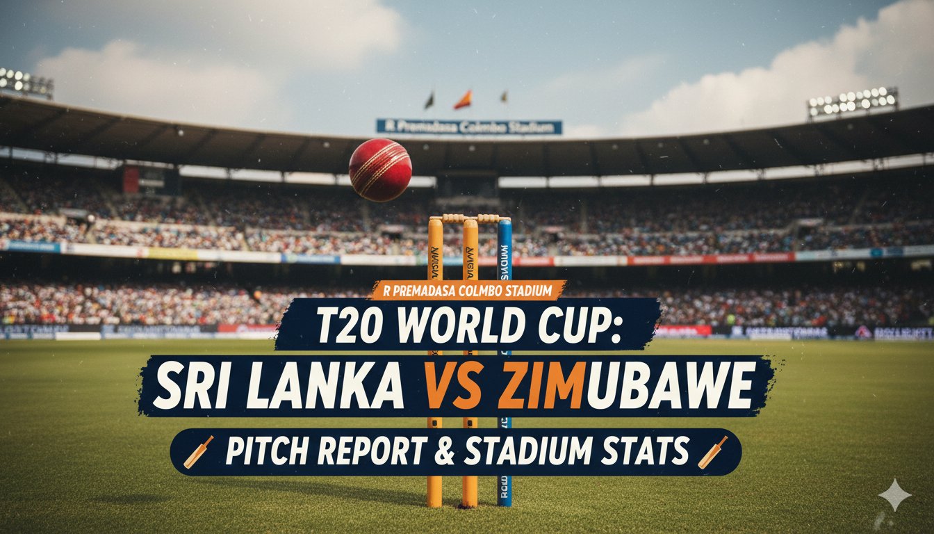 R Premadasa Stadium in Colombo during a T20 World Cup match, showing the pitch and floodlights