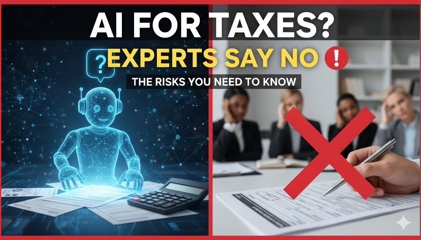 A thoughtful person looking concerned at a computer screen displaying an AI chatbot interface with tax forms and warning icons in the background, symbolizing risks of using AI for taxes.