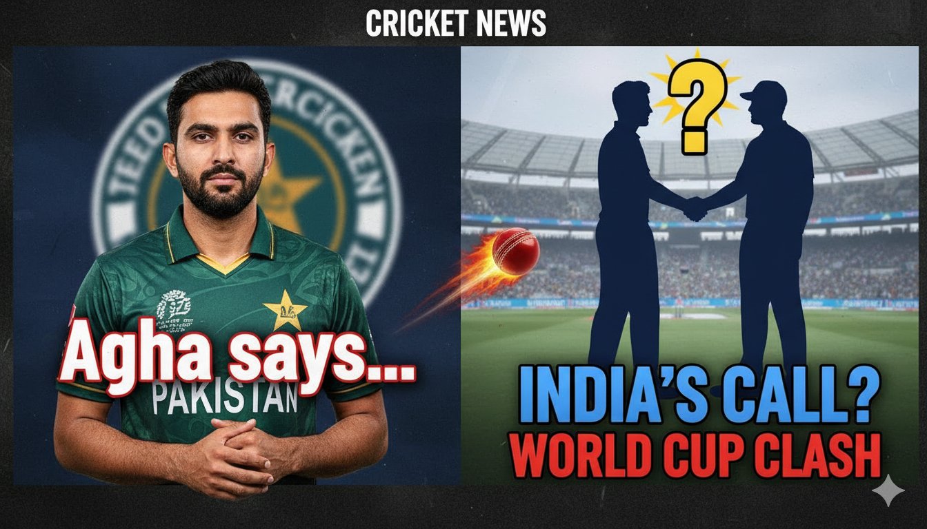 Pakistan cricket captain Salman Ali Agha speaking at a press conference ahead of the T20 World Cup clash against India, addressing the handshake protocol.