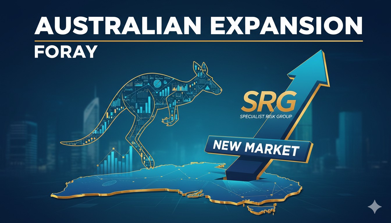 Specialist Risk Group logo with Australian map overlay and Sydney skyline in background representing market entry