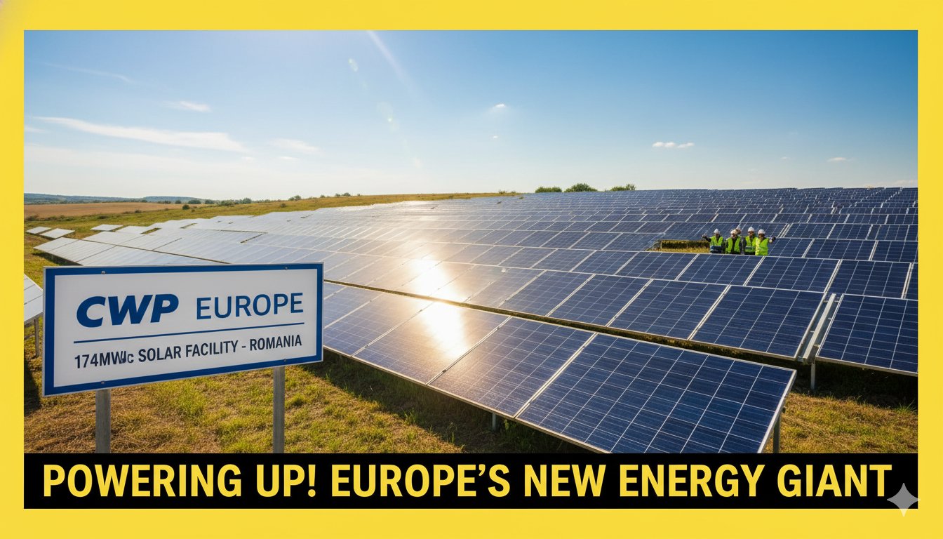 Aerial view of the 174 MWdc Studina solar farm in Romania with rows of bifacial panels on trackers under clear skies