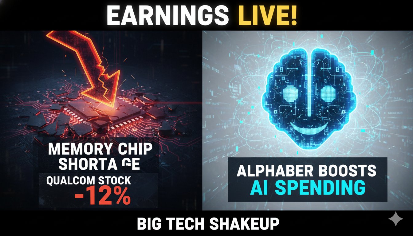 Stock market charts showing Qualcomm decline and Alphabet growth amid tech earnings