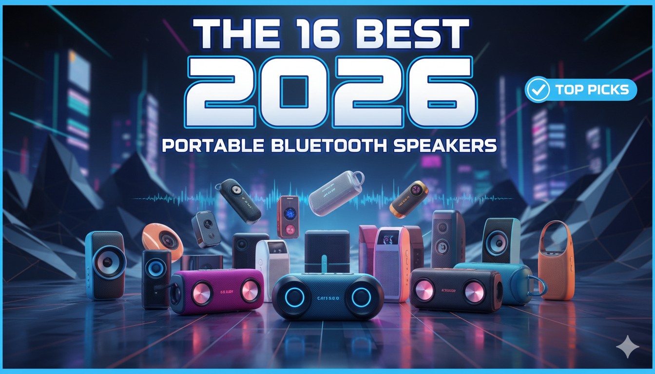 A lineup of the top portable Bluetooth speakers for 2026 including JBL Boombox 4, Bose SoundLink Max, and UE Wonderboom 4 arranged on a beach setting