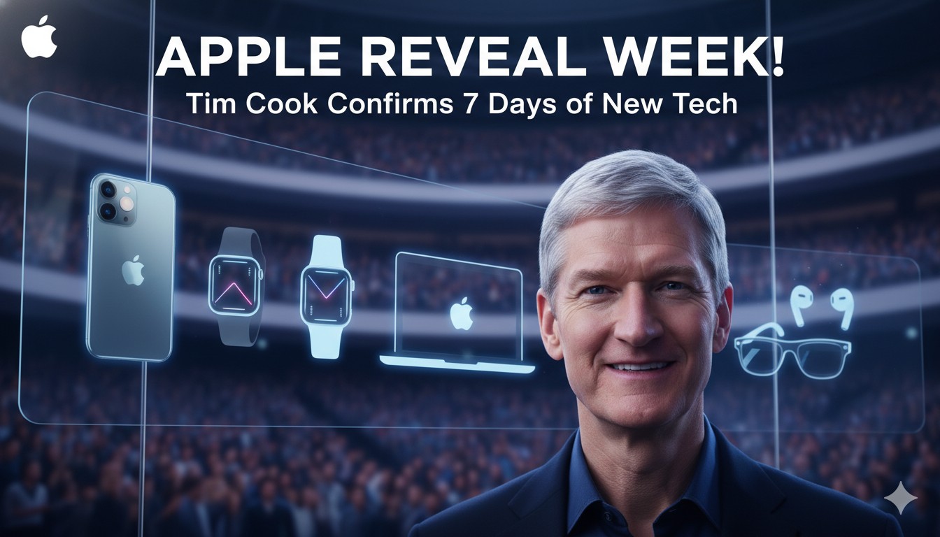Tim Cook teasing Apple's big week of product reveals with a sculpted Apple logo in space gray