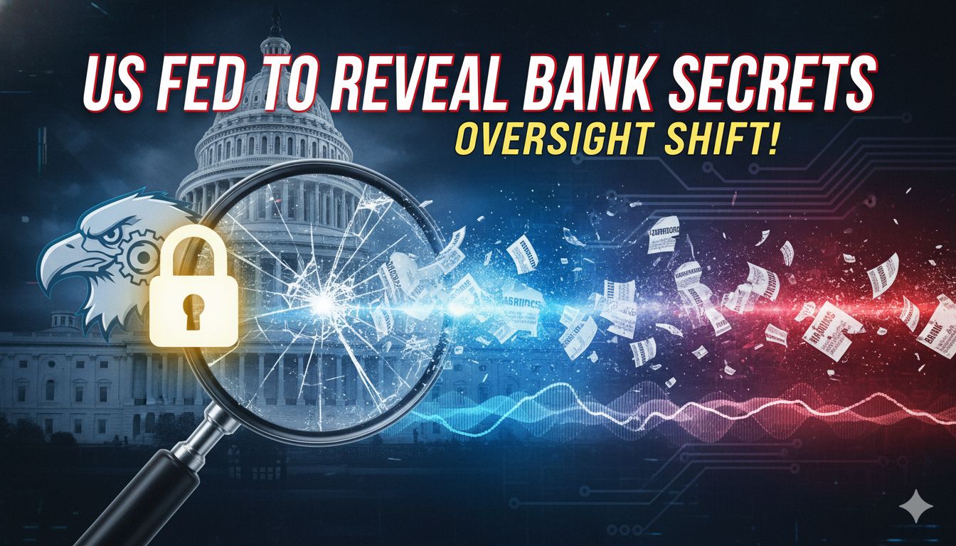 Alt Text for featured image : Illustration of the Federal Reserve building with overlaid icons representing bank supervision documents and a shift in regulatory focus