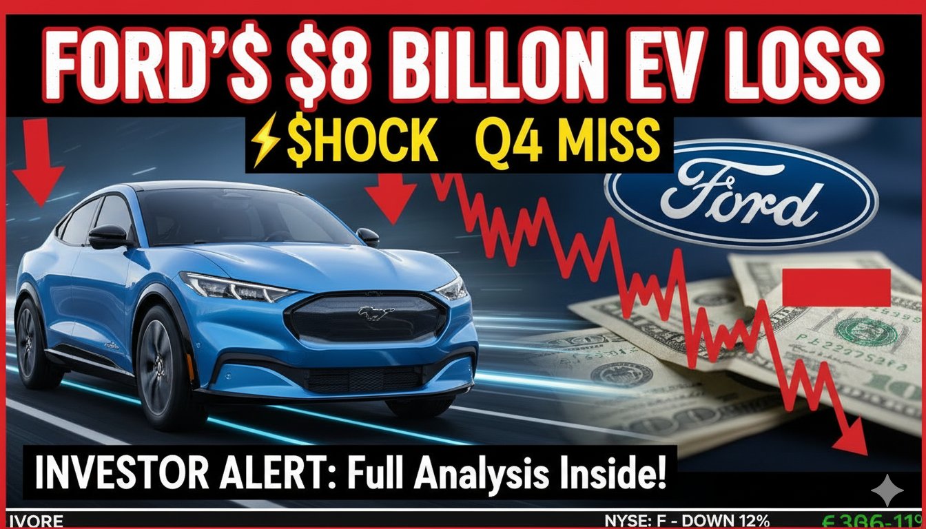 Alt Text for featured image : Ford Motor Company logo on a modern vehicle assembly line with electric and traditional trucks in background