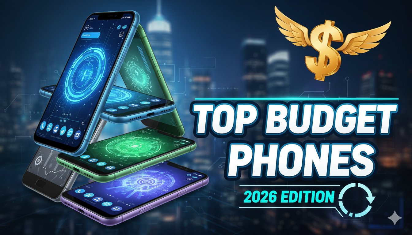 A collection of the best budget smartphones for 2026 arranged on a table, including Google Pixel, Samsung Galaxy A, and Motorola models.