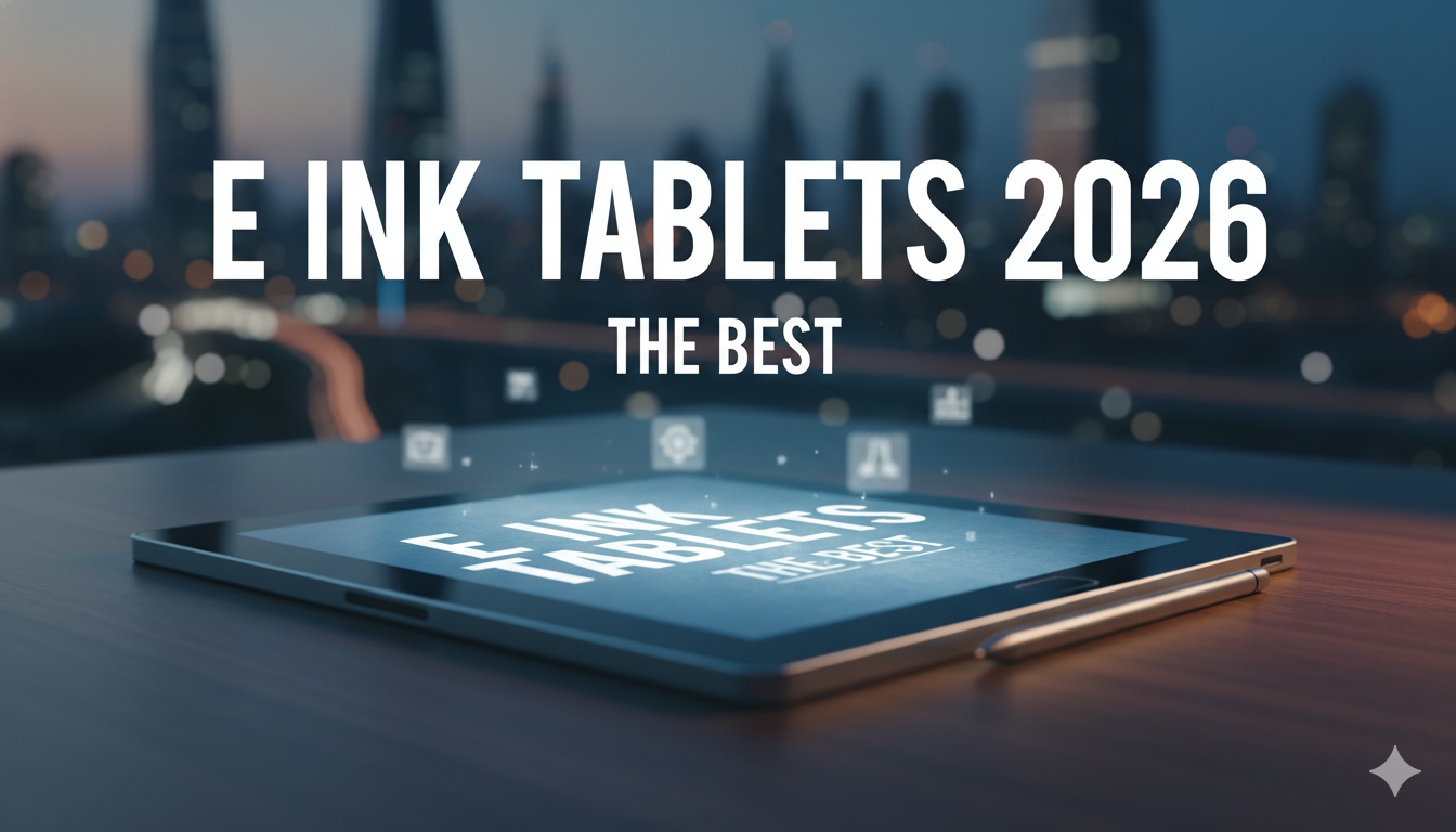 A sleek lineup of the top E Ink tablets for 2026 including color and monochrome models with styluses on a minimalist desk