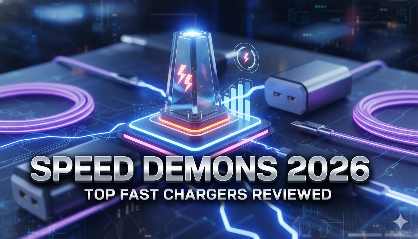 Array of modern fast chargers including wall adapters, power banks, and wireless pads on a sleek desk setup