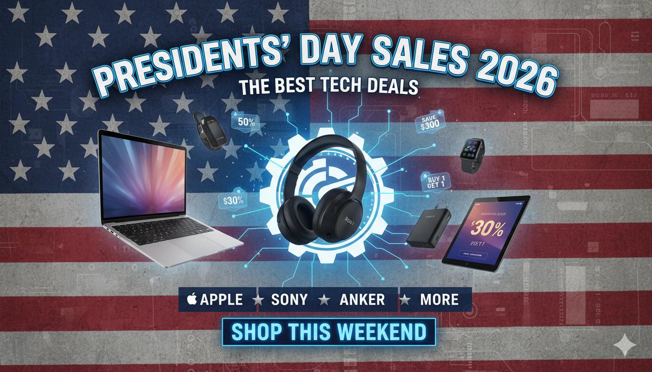 Collage of discounted tech products including Apple Watch Series 11, Sony WH-1000XM6 headphones, and Anker charging accessories on Presidents' Day 2026 sales background