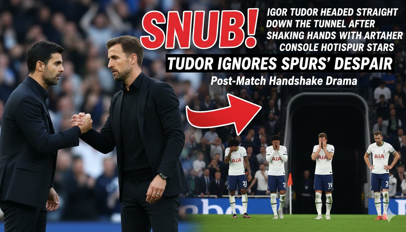 Igor Tudor shakes hands with Mikel Arteta before walking straight down the tunnel after Tottenham's 4-1 loss to Arsenal