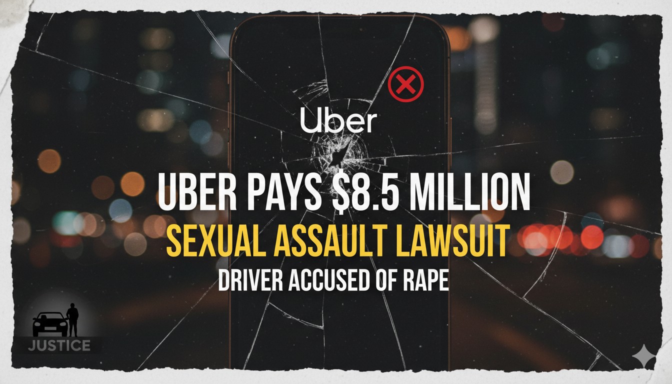 Illustration of a courtroom gavel beside the Uber logo on a financial chart background