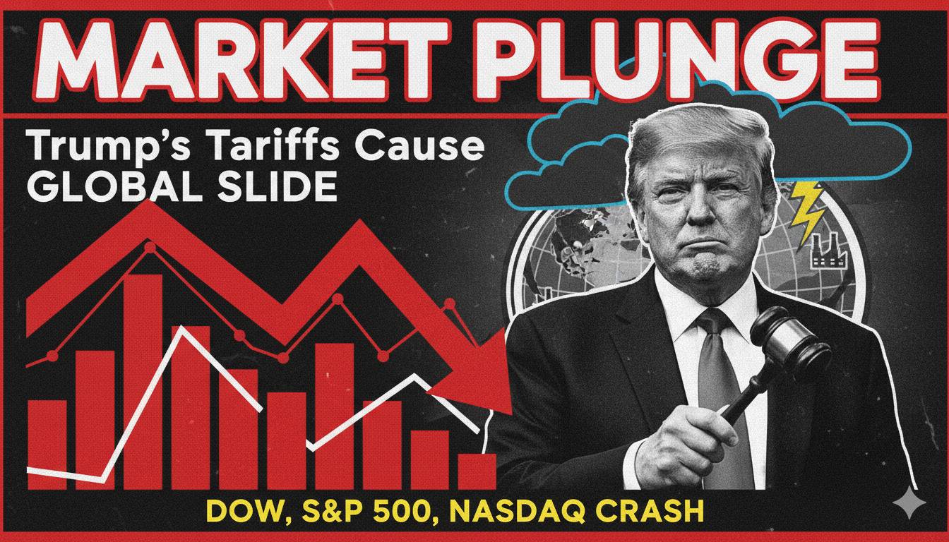 U.S. stock market indices charts showing declines with overlay of tariff-related headlines and American flag elements