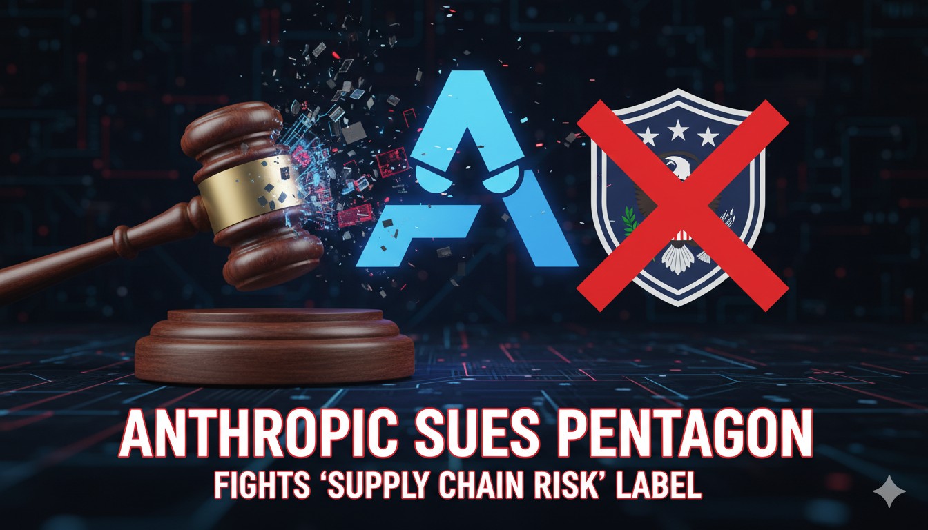 Anthropic logo overlaid on U.S. Department of Defense building with legal scales symbolizing court challenge over supply chain risk designation