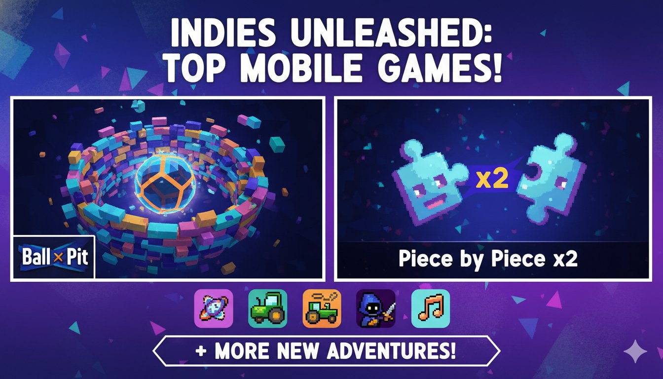 Vibrant screenshot of Ball x Pit mobile gameplay showing ricocheting balls breaking bricks and fighting monsters in a fantasy pit, with puzzle pieces and cozy repair elements in the background for new indie highlights.