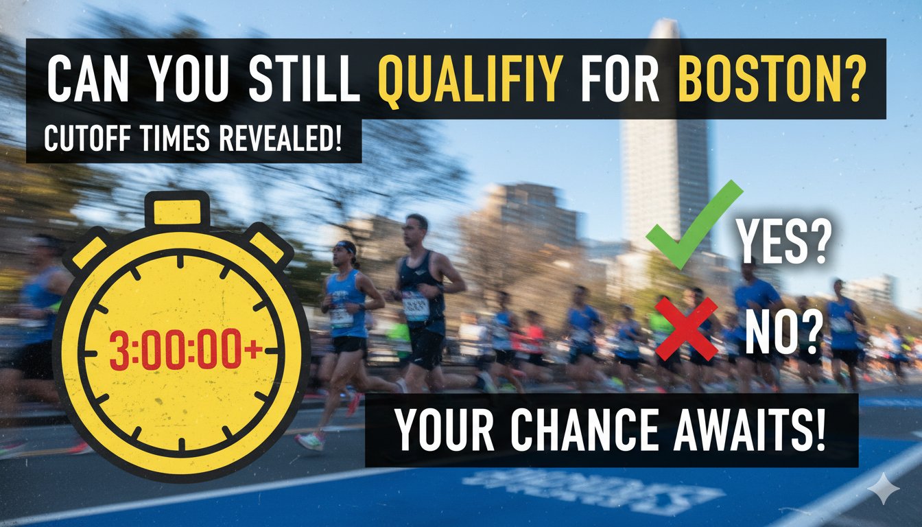 Runners crossing the finish line at the Boston Marathon with the city skyline in the background, symbolizing qualification achievement and cutoff challenges.