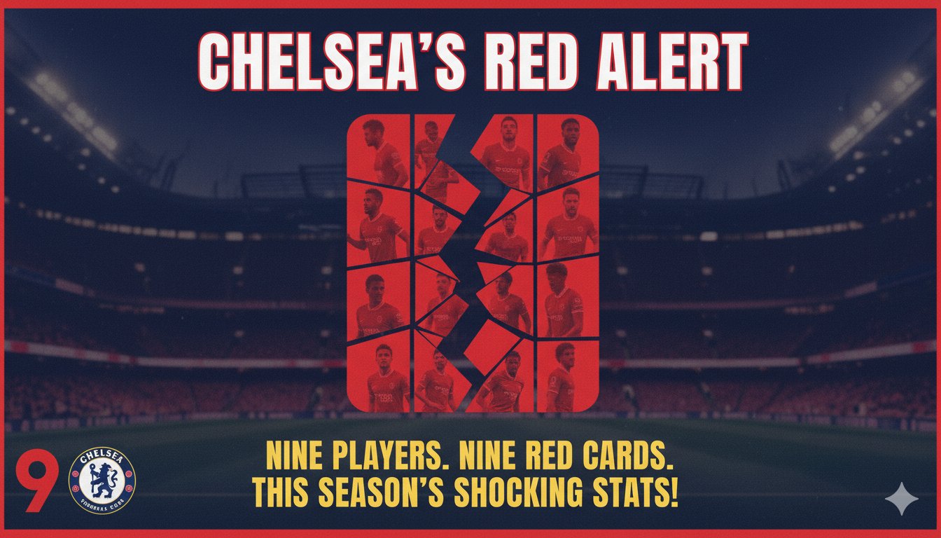 Chelsea player receiving a red card from the referee during a Premier League match, illustrating the club's disciplinary issues this season.