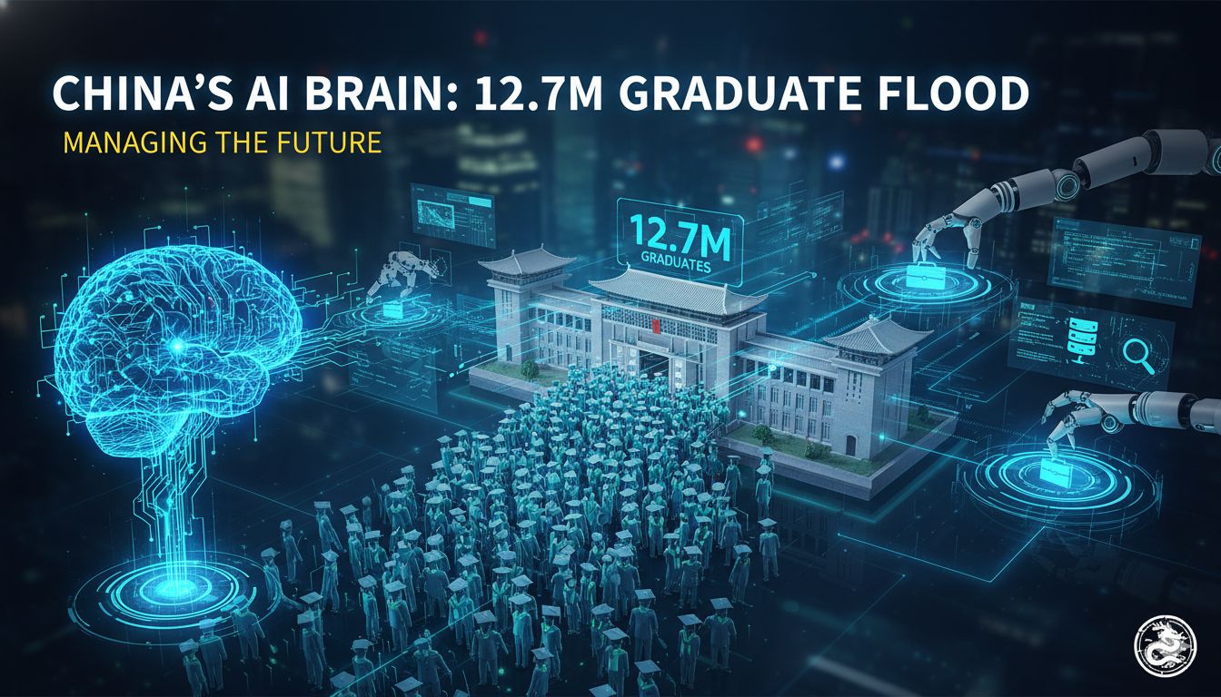 Illustration of Chinese university graduates entering AI and technology workforce amid record 12.7 million cohort in 2026