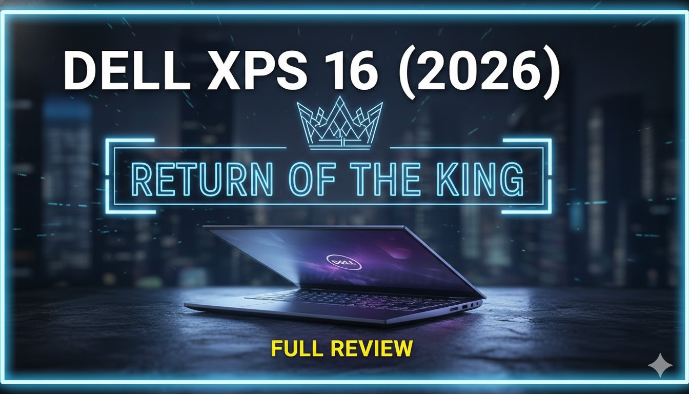 Sleek Dell XPS 16 (2026) laptop open on a desk showing vibrant OLED display and minimalist design